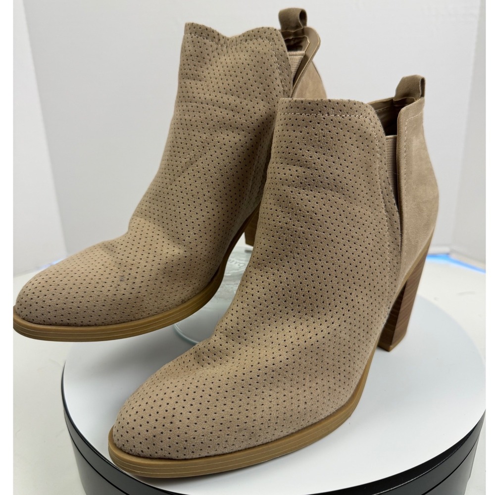 Tan Perforated 2" Block Heel Ankle Booties with Stretch Womens 9.5 Taupe Boots